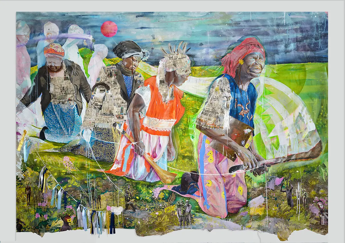 Mixed-media scene of several figures moving across a bright green landscape beneath a moody sky, with layered textures and collage details.