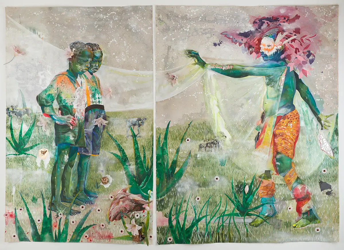 Diptych artwork showing two figures on the left and a brightly colored figure gesturing on the right, set in a grassy field with translucent, draped fabric forms.