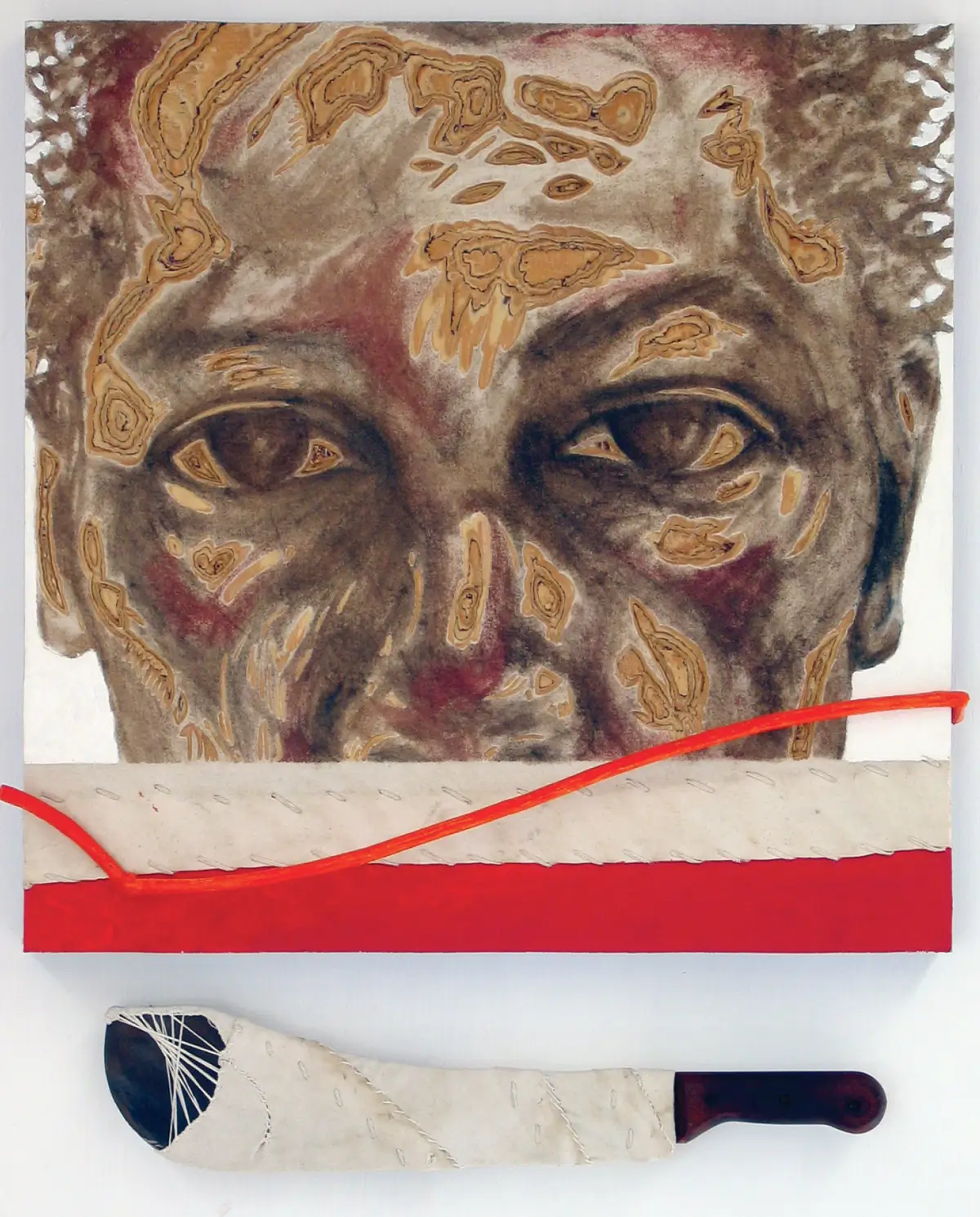 Mixed-media portrait close-up with layered wood-grain patterns across the face, above a red horizontal element and a blade-like object below.