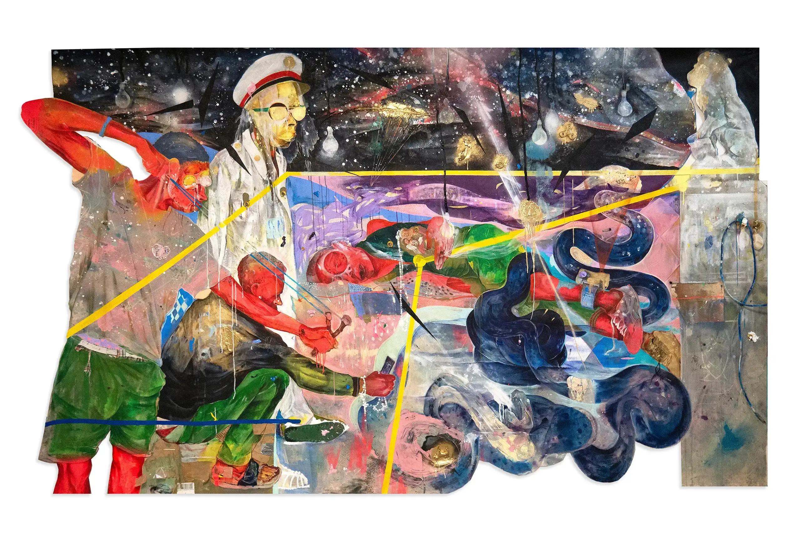 Colorful mixed-media artwork with multiple figures and abstract shapes, intersected by bold diagonal lines and set against a dark, starry-like background.